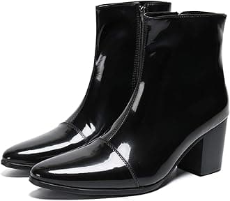 SantimonMens Boots Casual Patent Leather Chelsea Dress Boots Zipper on Side Mid Calf Boots for Men, Black, 8 UK