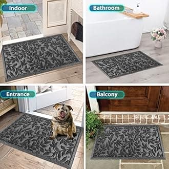 Bulijojo Sturdy Front Entrance Doormats,Durable Heavy Duty Welcome Mat,Thick Absorbent Natural Rubber Non Slip Mat,Easy Clean Entryway Mat Leaves Grey 23"x35"