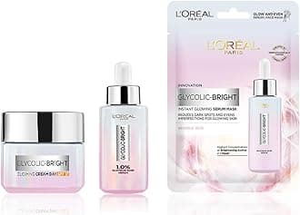 L'Oreal Paris Glycolic Bright Day Cream - 15ml + Brightening Serum 15ml + Glycolic Bright Glowing Serum Sheet Mask