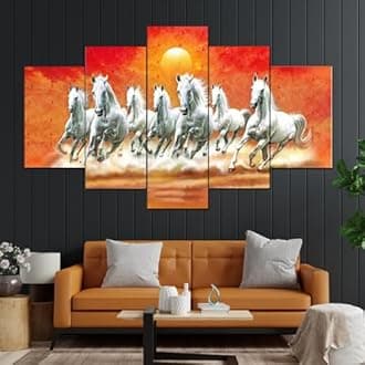 perpetual Running Horse Painting for Wall Decoration - Set Of Five, 3d Scenery Vastu Wall Painting for Living Room Large Size with Frames for Home Decoration, Hotel, Office (125 CM X 60 CM) H6et