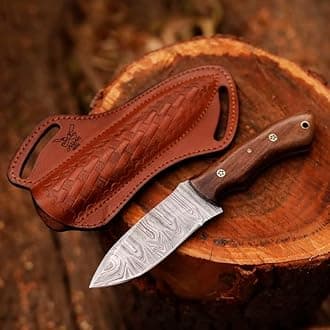 Fixed Blade Damascus Steel Hunting Knife with Leather Sheath, 9'' Full Tang Hunting Skinning Knife,Non-Slip Wooden Handle,Camping Blade (Brown)