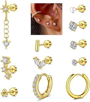 MODRSA Silver Gold Cartilage Earring for Women Hypoallergenic Flat Back Earrings Threadless Helix Earring Tragus Studs 6mm Cartilage Jewelry Flatback Surgical Steel Butterfly Heart Earrings for Women