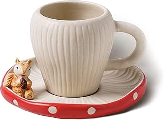 Cute Mushroom Mug with Saucer, Handmade Glaze Polka Dot, with Squirrel Decoration on the Plate. Safety Matt Ceramic Coffee Cups, 11 oz Cartoon Tea Cup. Best Gifts for Women & Girls.