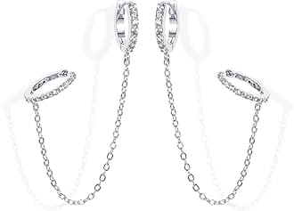 PAVOI 14K Gold Chain Earrings for Women | Double Piercing Dangle Chain Huggie Hoop Earrings | Cubic Zirconia Pearl Stud Ear Cuff Earrings for Women