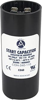 Appli Parts Condensador Capacitor Arranque 340-408 Mfd (microfaradios) uF 110-125 VAC remplazo universal para motores electricos de distintas aplicaciones 3.7cm Diametro 8.6cm Alto CON-340-110