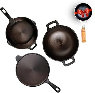 The Indus Valley Super Smooth Cast Iron Cookware Set+ Free Iron Tadka Pan|Tawa(26.3Cm)+Kadai(25.4Cm/2L)+Fry Pan(25.4Cm/1.7L)|Kitchen Cooking Combo Pots And Pans Set Of 4Pcs|Naturally Nonstick,Black