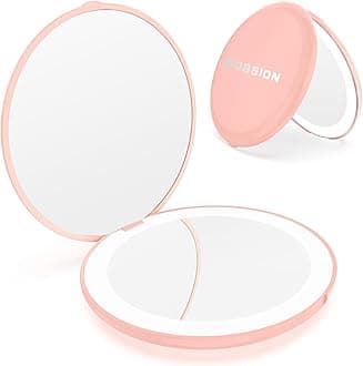 Compact Mirror with Light, 1x/10x Magnifying Travel Makeup Mirror, LED Pocket Mirrors for Purse and Handbag, Handheld 2-Sided Small Folding Mirrors, Round, Pink