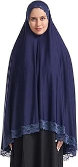 OLEMEK Women's Elegant Hijab Lace Trim Middle Eastern Islamic Jilbab Prayer Veils Headcover Headscarf Navy blue M
