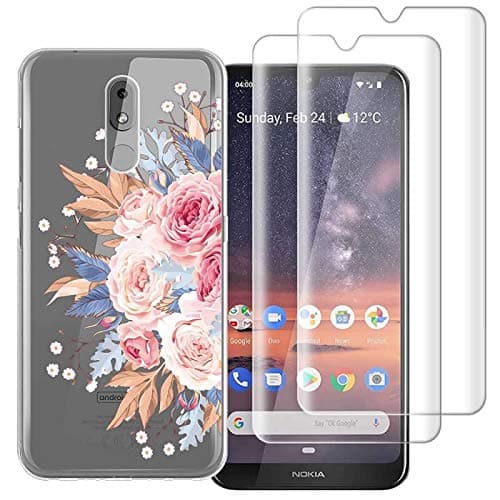 (3 in 1) for Nokia 3.2 Case/Nokia 3V Case + 2 Pack Glass Screen Protector Slim Clear Soft TPU Silicone Phone Case Cover with (Flower) for Nokia 3.2 Case/Nokia 3V Case