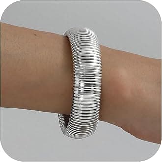 Gold Bangles for Women Chunky Stretch Bangles Bracelets Set 18K Gold Plated Stainless Steel Link Chain Bracelets Flexible Wide Wristband Bracelets Set of 3 Jewelry Gifts for Women