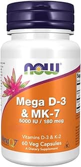 Now Foods, Mega D-3 & MK-7, Vitamin D3 and K2, Depot, Every 5 Days 1 Capsule, High Dose, 60 Capsules, Gluten Free, Non GMO