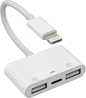 iPhone OTG Adapter Charger Cable Dongle Lightning Male to Dual USB Female Camera Memory Stick Flash Drive Cord Reader Mouse Keyboard Converter Card Charging Splitter for 14 13 12 11 Pro Max 7 8