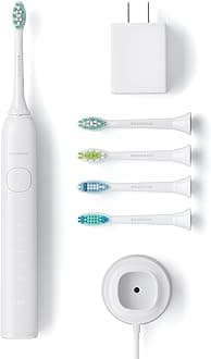 Brushmo Super Sonic Electric Toothbrush with 4 Replacement Heads - Rechargeable Electronic Tooth Brush for Adults with 5 Customizable Modes - IPX7 Waterproof & Long-Lasting Battery - White