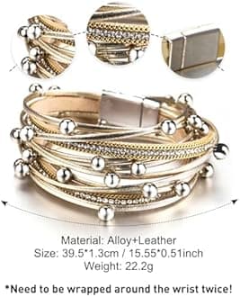 Fesciory Leather Wrap Bracelets for Women, Boho Leopard Multi-Layer Crystal Beads Cuff Bracelet Jewelry