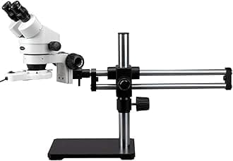 SM-5BX-FRL Professional Binocular Stereo Zoom Microscope, WH10x Eyepieces, 3.5X-45X Magnification, 0.7X-4.5X Zoom Objective, 8W Fluorescent Ring Light, Ball-Bearing Double-Arm Boom Stand, 110V-120V, Includes 0.5X Barlow Lens