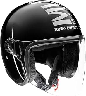 Royal Enfield Open Face MLG Riding Helmet with Clear Visor Impact Protection, Excellent Scratch Resistance, Anti-Microbial Fabric Gloss Black, Size: L