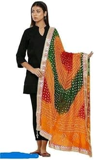 PK HUB Women’s Jaipuri Rajasthani Bandhani Silk Dupatta – Heavy Multi-Colored Bandhej Dupatta with Gota Patti Work & Latkan for Ethnic Wear (, Free Size)
