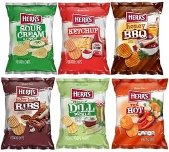 Herr`s Potato Chips & Cheese Curls -,1Oz (Curated by RJ Snacks Value Pack) (6, Variety Mix of Sour Cream & Onion, Ketchup, Honey BBQ, Baby Back Ribs, Creamy Dill Pickle, Red Hot)