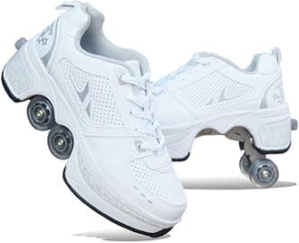 Deformation Roller Shoes Male And Female Skating Shoes Adult Children's Automatic Walking Shoes Invisible Pulley Shoes Skates With Double-Row Deform Wheel,White-39
