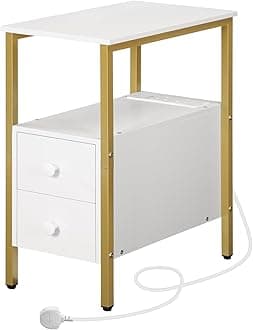 HOOBRO Side Table, Narrow Bedside Table with Charging Station, USB Ports and Power Outlets, Slim Side Table for Small Spaces, 2 Drawers, Industrial Nightstand, White and Gold EDW548KBZ01G1