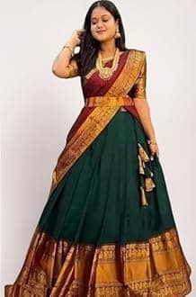 ZITON Women Kanjivaram Silk Pure Zari Lehenga Choli Set With Blouse Jacquard Zari Work Dupatta Traditional Unstitched Half Saree Multicolor XL