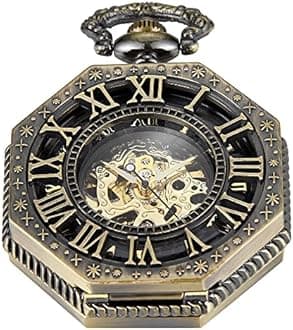 Bronze Men's Antique Mechanical Pocket Watch, Skeleton Mechanical Roman Numerals Pocket Watch with Chain + Box