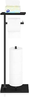 Black Toilet Paper Holder Stand Free Standing Toilet Paper Holder with Shelf Toilet Paper Storage Holder with Reserve for Bathroom Holds Wipe, Mobile Phone, Mega Rolls