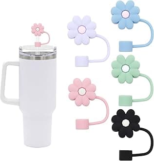 4Pcs 0.4in Diameter Cute Silicone Straw Covers Cap for Stanley Cup, Dust-Proof Drinking Straws Reusable Straws Tips Lids (5 PCS Flower Straw Covers)