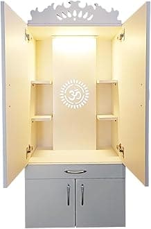 Alpine Willow Wooden Temple with Doors I Big Pooja Temple I Corian Design Temple I Pooja Mandir Unit I Mandir for Home (Frosty White with Door, 2 X 4 FT)