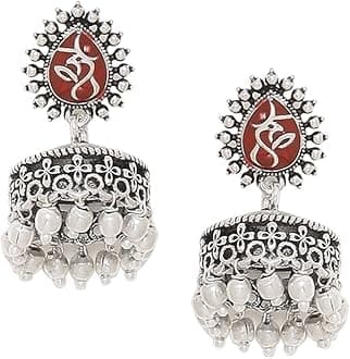 VOYLLA Women's Brass Oxidised Plating Moksha Boho Style Jhumki Earrings(Free Size)(Silver)