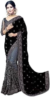 SADGUN CREATION Woven Blend Women's Vichitra Silk & Heavy Quality Net Saree with Banglori Silk Blouse Piece (Black and Grey)