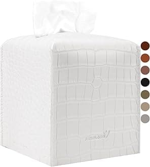 Tissue Box Cover 5X5X5'' PU Leather Tissue Holder Square Tissue Cube Box Organizer for Bathroom Vanity Countertop, Car, Night Stands, Office, Home, Kitchen (SnakeWhite, 1Pack)