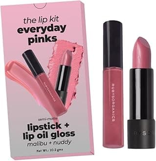 Ruby's Organics Lip Beauty Gift Kit- Everyday Pinks Combo Pack of Lipstick & Lipgloss, Moisturizing, Long Lasting, Non Sticky & Non Drying, Glossy Texture, Lip Makeup, Paraben Free - Nuddy & Malibu