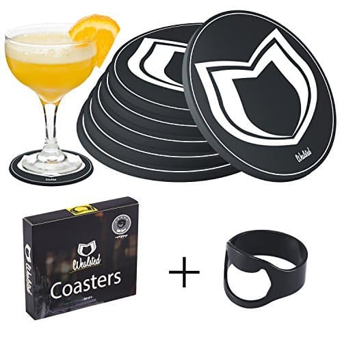 Table Drinks Coasters Set with Holder Box & Bottle Opener Ring – Set of 6 Silicone Coasters for Drinks, Tabletop Protection from Damage & Spills, Elegant Black & White Design by Wealsted