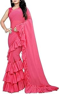 Saree Ruffle Georgette Ethnic Indian Women Party Wear Frill Designer Border Sari