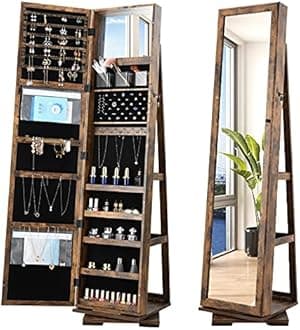 OUTDOOR DOIT 360° Rotating 66'' Jewelry Armoire with Lockable,Full Length Mirror Large Capacity Jewelry Organizer Armoire,Floor Standing Mirror with Back Storage Shelves for Bedroom, Cloakroom