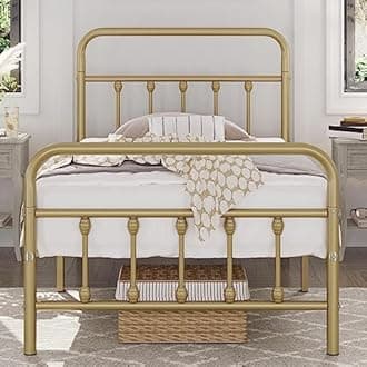 Yaheetech Classic Metal Platform Bed Frame Mattress Foundation with Victorian Style Iron-Art Headboard/Footboard/Under Bed Storage/No Box Spring Needed/Twin XL Size Antique Gold