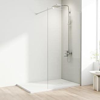 Shower Screen, 800 x 1900mm Chrome Finish Frameless Shower Screen with Support Bar – Reversible Left and Right. 8mm Easy to Clean Toughened Glass