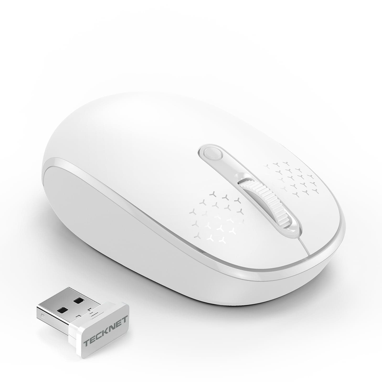 TECKNET Wireless Mouse for Laptop, 2.4G Quiet Computer Mouse with USB Receiver, 4 Buttons Portable Cordless Mice for Chromebook, Laptop, PC, Mac, 800/1200/1600 DPI - White