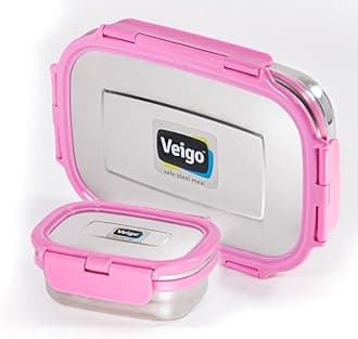 Veigo Stainless Steel Lunch Box Pink Containers (1 Lunch Box Set (950ml + 180ml)) | Leakage Proof Tiffin| Lunch Box for School | Jumbo+Veg Box