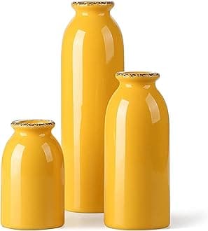 CWLWGO-Ceramic Yellow Vase Set of 3, Decorative Vases for Modern Farmhouse Decoration, Living Room Accents & Dining Table Centerpieces, Idea Bookshelf Mantel and Entrance Decor.