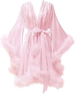 Women's Feather Robe Silk Satin Fur Bridal Robe Short Dressing Gown Bathrobe Lingerie Nightgown Sleepwear
