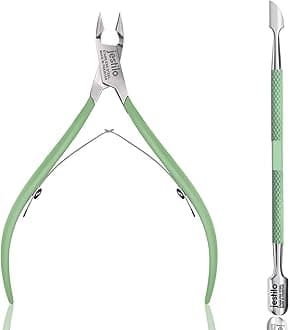 Cuticle Remover Tool Set with Cuticle Cutter and Cuticle Pusher - Stainless Steel Professional Cuticle Nipper and Pusher Nail Care Tools for Salon and Level Mani-Pedi at Home (Green)