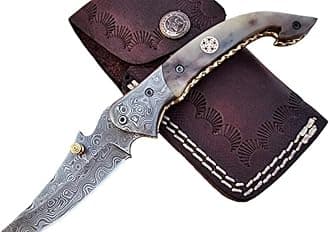 Poshland Limited Edition - FNA-32 Custom Handmade Damascus Steel Folding Knife - Beautiful Camel Bone Handle with Damascus Steel Bolsters (Colored Bone)