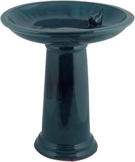 Bird Bath on Pedestal W/Bird, Ceramic, Blue