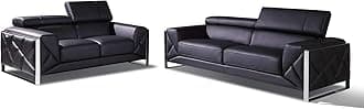 BlackJack Furniture Gianni Top Grain Italian Leather Set with 9-Position Adjustable Headrests, Contemporary Geometric Pattern, Chrome Hardware & Durable Hardwood Frame Loveseat, Sofa, Jet Black