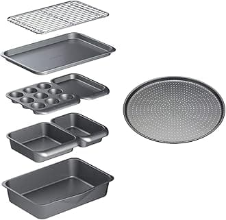 Smart Space Stacking Non-Stick Bakeware Set, 7 Piece Baking Trays, Gift Boxed & KCMCCB14 Crusty Bake Perforated Pizza Tray with PFOA Non Stick, Robust 1 mm Carbon Steel, 32 cm, Grey