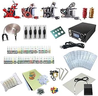 One Tattoo World Complete Tattoo Starter Kit, 4 Tattoo Machines, Digital Power Supply, 54 Color 5ml Tattoo inks, Grips, Needles, Transfer Paper etc, OTW-KTB454