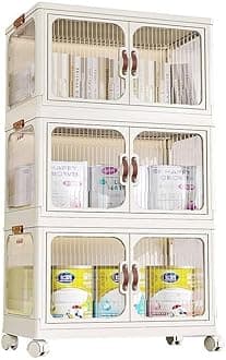 MOMENT 3 Layer Storage Cabinet with Doors, Stackable Plastic Storage Bins with Lid and Wheels, Durable and Spacious Multi-Purpose Cabinet for Home, Office, or Kitchen (White, 53x32x88cm)