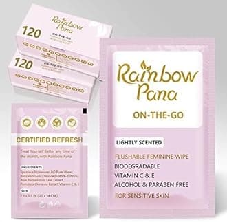 RainbowPana Feminine Wipes, 240 Count ON-THE-GO Individually Wrapped | Flushable Wipes, Travel Wipes for Women, Pre/Post-Intimacy Cleansing | Aloe, Portulaca, Vitamin E | pH Balanced, Biodegradable